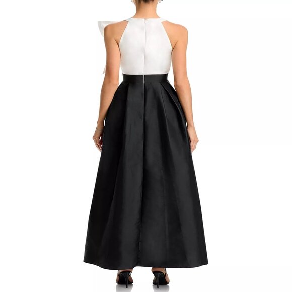 258$ Eliza J Bow-Trim Halter Pleated Taffeta Gown Maxi Dress Size 14 Black Ivory - Picture 2 of 3